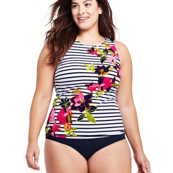 Lands' End | Swim | Lands End Striped Floral High Neck Tankini Top |  Poshmark
